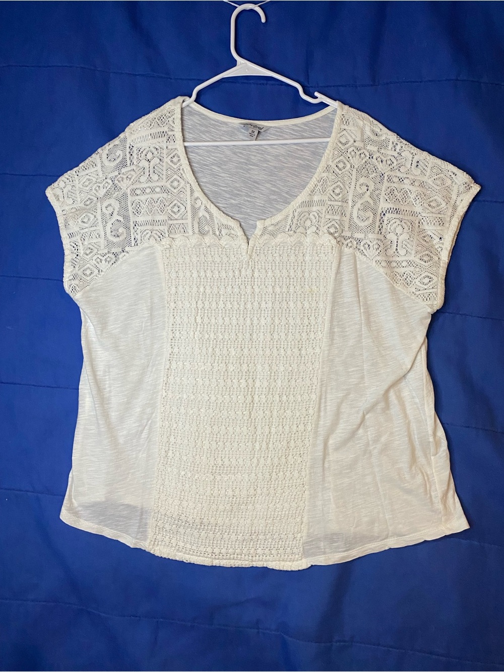 Lucky Brand white Crochet Yoke Short Sleeve Top